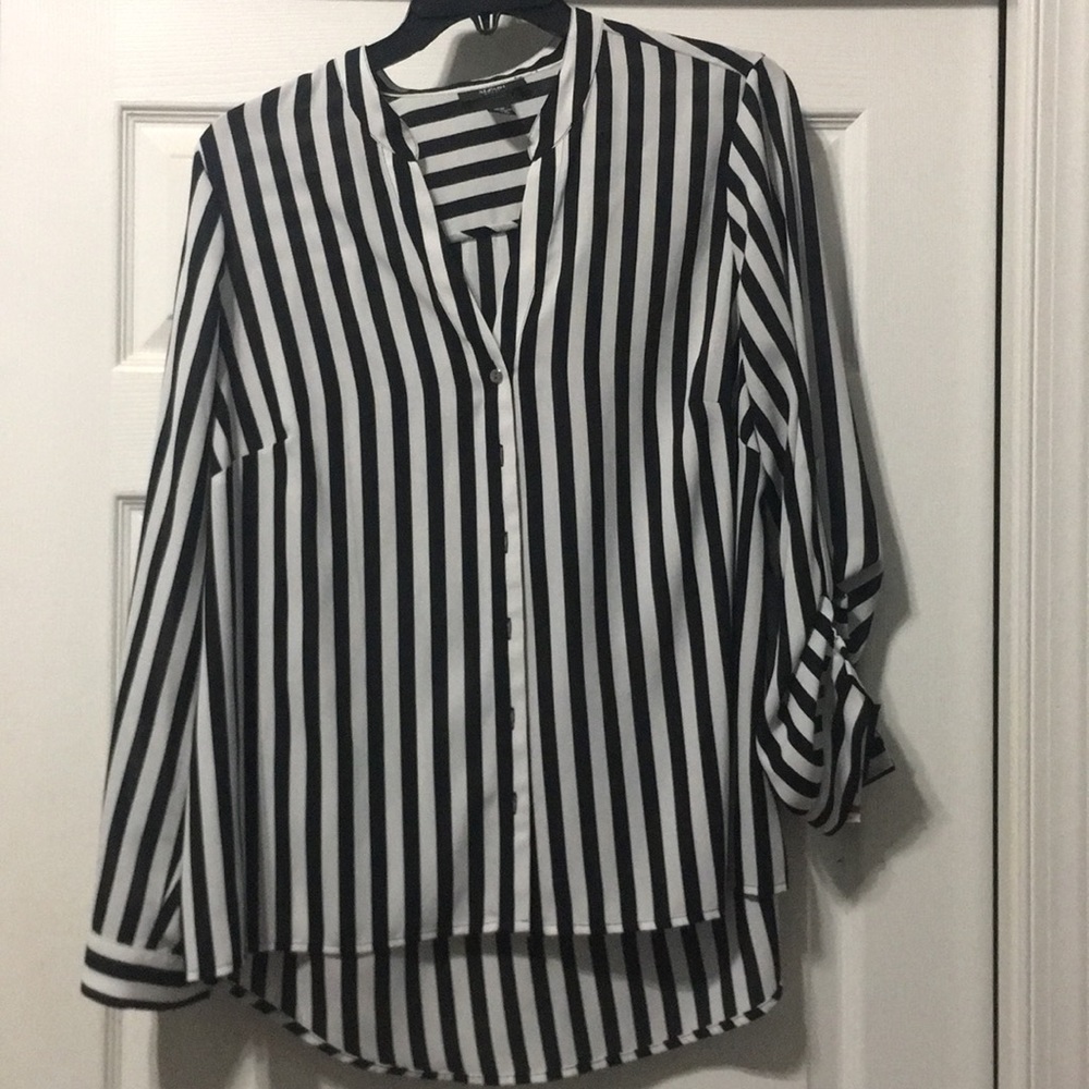 Alfani Black and White Striped Button Down Blouse